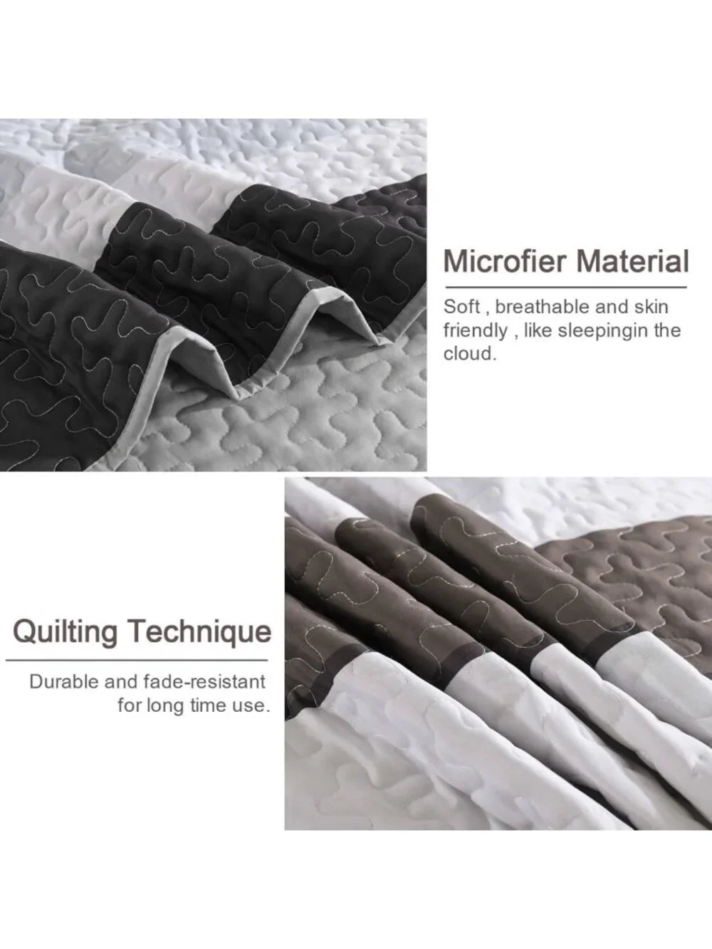 Cozy Grey Boho Quilt Set Queen Size | Lightweight Striped Patchwork Bedspread